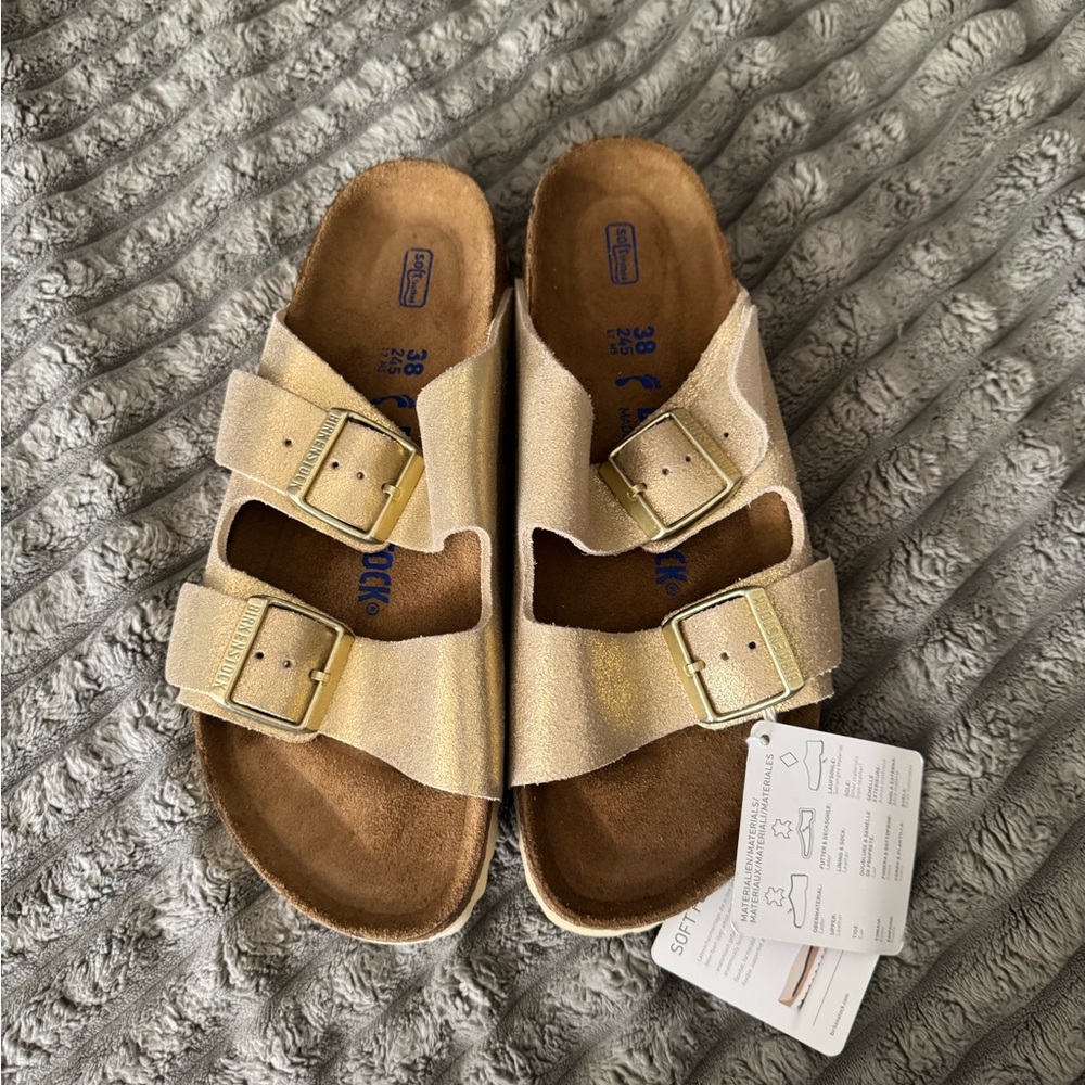 Narrow Birkenstock Sandals in Gold (Taupe Metallic) with Soft Footbed